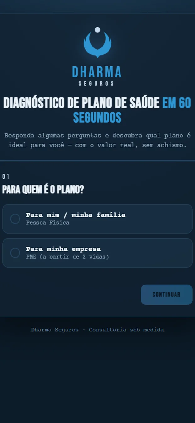 Simulador de plano de saúde da Dharma Seguros: diagnóstico em 60 segundos