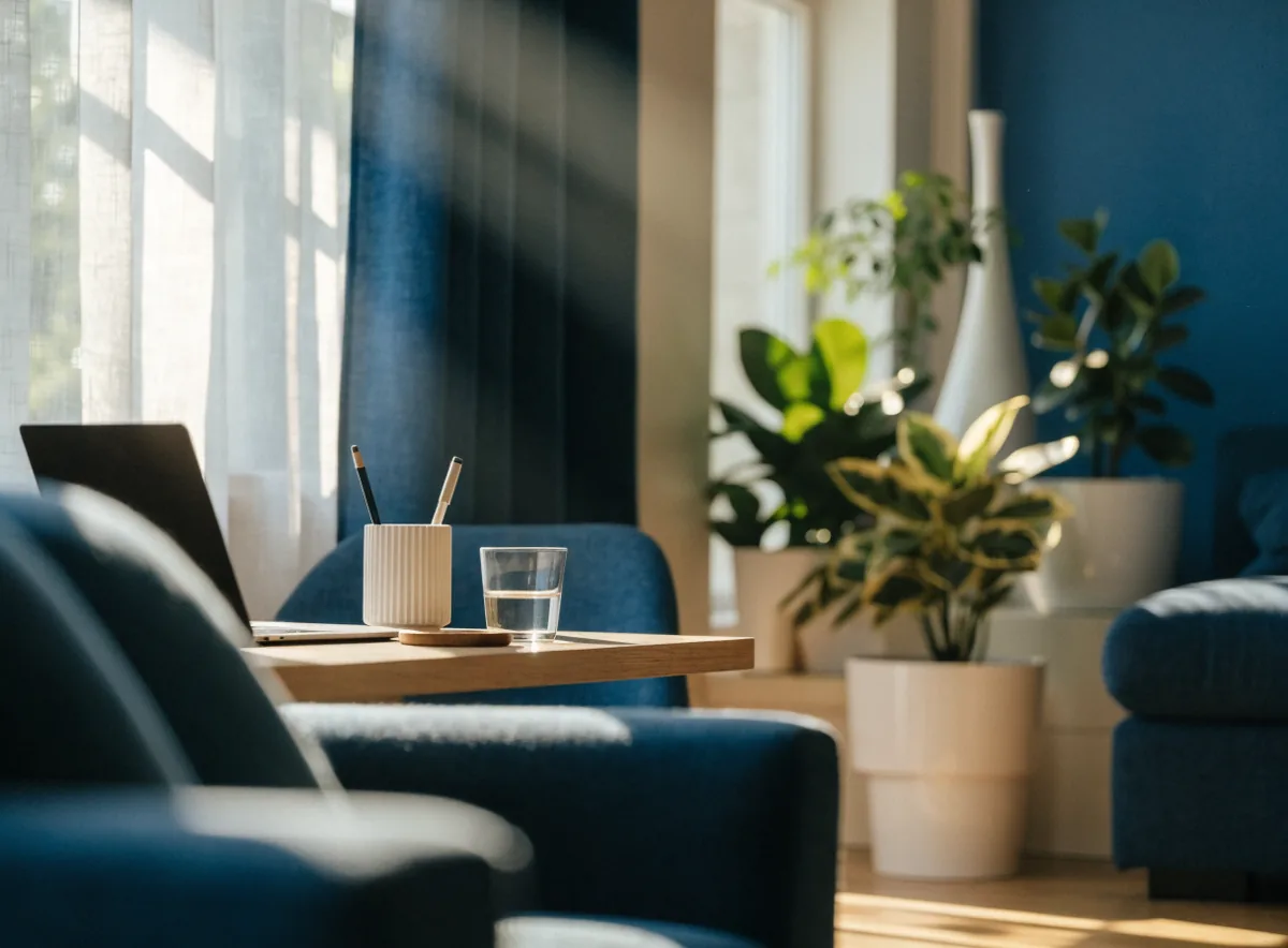 Home office organizado com notebook e plantas